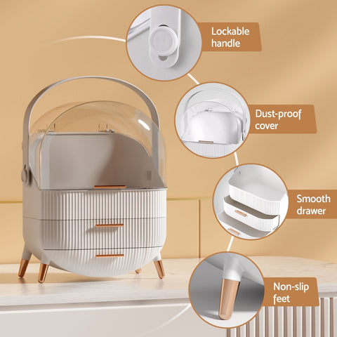 White storage basket with features highlighted on a beige background