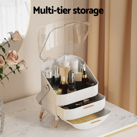 Multi-tier storage organizer with skincare products on a marble surface, text 'Multi-tier storage' above.