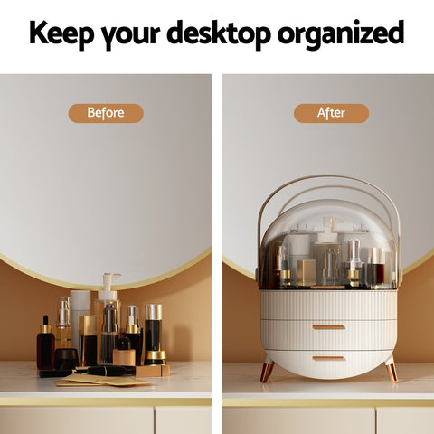 Before and after comparison of a desk setup with a desktop organizer.