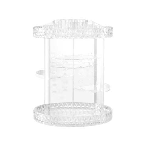 Clear plastic cylindrical organizer with multiple shelves on a white background