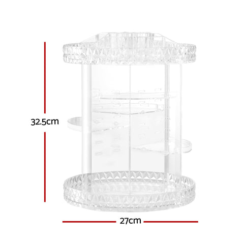 Clear cylindrical stand with dimensions labeled on a white background
