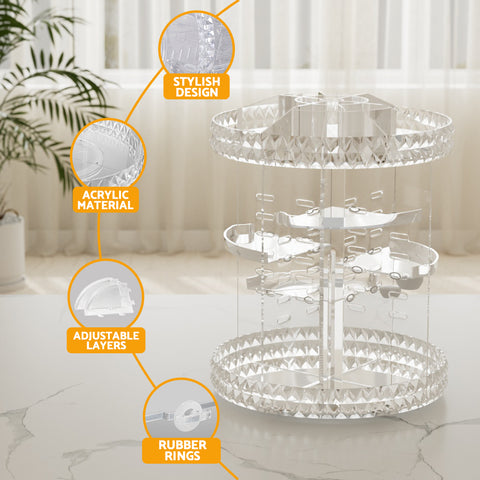 Clear acrylic display stand with adjustable layers on a marble surface, featuring text labels on a blurred indoor background.