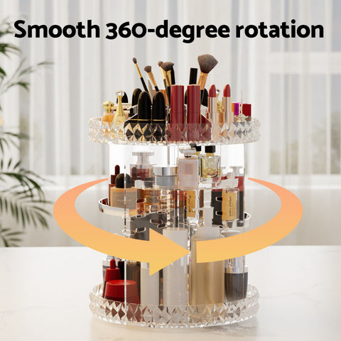 Makeup organizer with smooth 360-degree rotation feature on a neutral background
