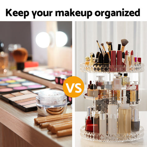 Comparison of disorganized makeup on a surface versus organized makeup on a tiered stand with text 'Keep your makeup organized'.