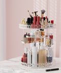 Makeup organizer with various cosmetic items on a light pink background