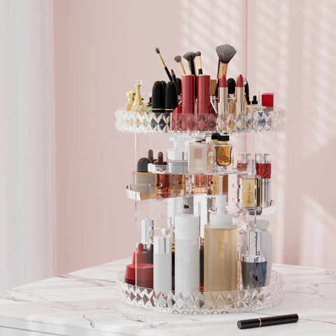 Makeup organizer with various cosmetic items on a light pink background