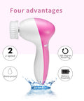 Pink and white cleaning brush with four advantages listed on a light pink background