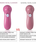 Two pink facial cleansers with text comparing 'Upgraded Facial Cleanser' to 'General Facial Cleanser'.