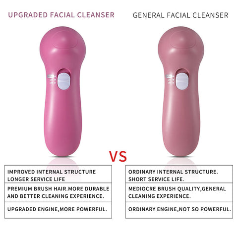 Two pink facial cleansers with text comparing 'Upgraded Facial Cleanser' to 'General Facial Cleanser'.