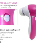 Pink and white cleaning device with speed adjustment features on a white background