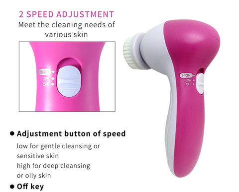 Pink and white cleaning device with speed adjustment features on a white background