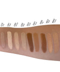 Makeup swatches on a arm with labeled color names
