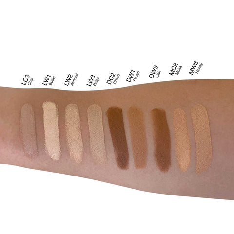 Makeup swatches on a arm with labeled color names