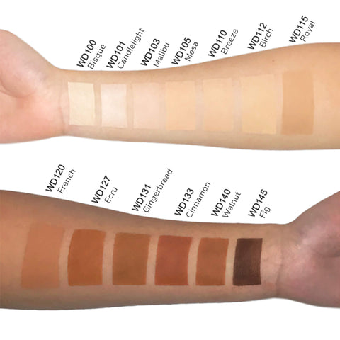 Color swatches on a person's arm with corresponding names below each swatch.