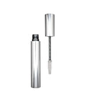 Silver mascara tube with brush on a white background