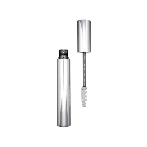 Silver mascara tube with brush on a white background