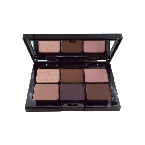 Makeup palette with nine square shades of brown and beige on a white background