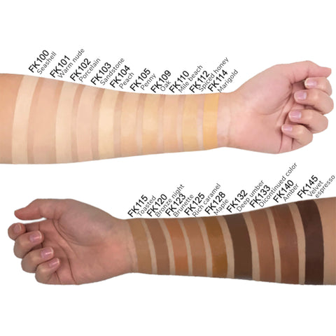 Color swatches on an arm with corresponding shade names, used for skin tone matching.