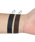 Two color swatches on a person's arm labeled 'Black' and 'Brown'.