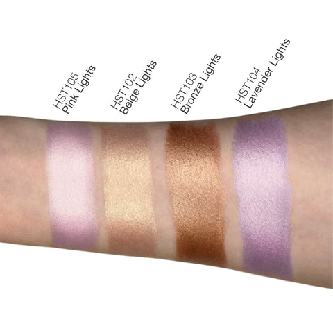 Color swatches on a arm with labels for HST103 Pink Lights, HST102 Beige Lights, HST103 Bronze Lights, and HST104 Lavender Lights.
