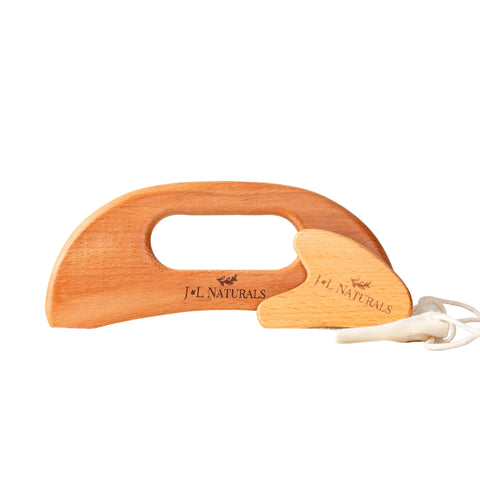 Wooden tool with a white handle on a gray background, branded 'J&L Naturals'.