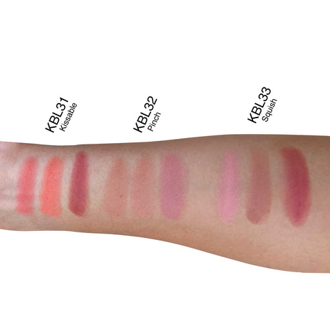 Lipstick swatches on a arm with labels KBL31, KBL32, and KBL33.