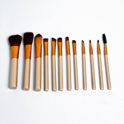Set of makeup brushes with wooden handles and black bristles on a white background