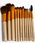 Set of makeup brushes with brown and beige handles on a white background