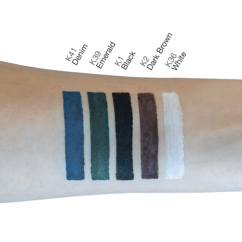 Color swatches on a wrist with labeled colors including Denim, Emerald, Black, Dark Brown, and White.