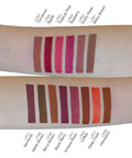 Lip liner swatches on two arms with color names below each swatch.