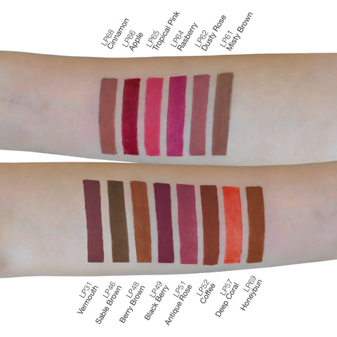 Lip liner swatches on two arms with color names below each swatch.
