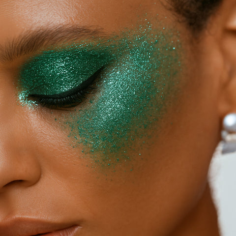 Close-up of a person with green glittery eye makeup.