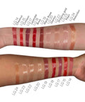 Lip Gloss swatches on a person's arm with color names labeled below.