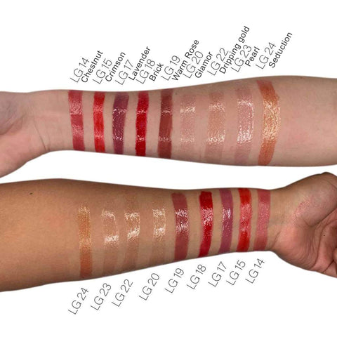 Lip Gloss swatches on a person's arm with color names labeled below.