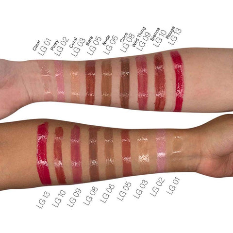 Lip Gloss swatches on a person's arm with color names below each swatch.