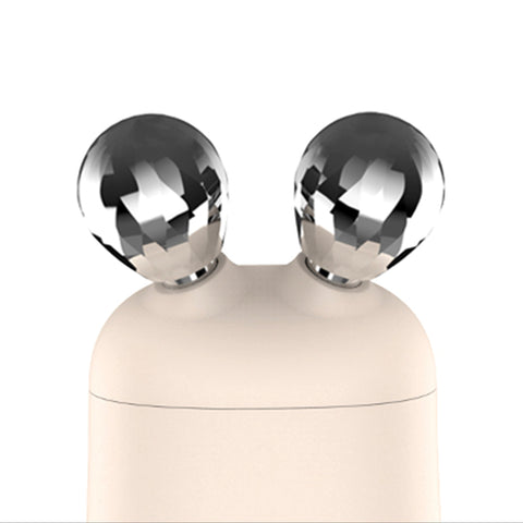 Decorative object with two metallic spheres on a white background
