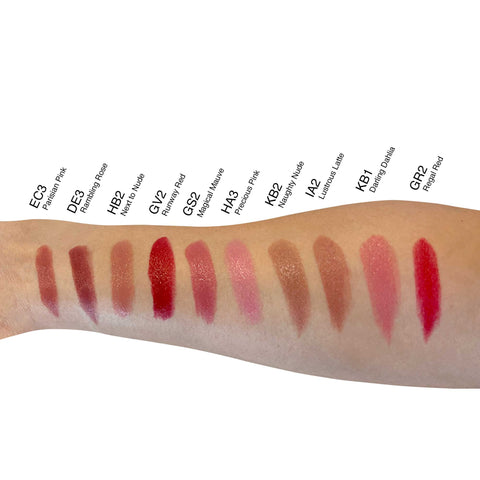 Lipstick swatches on a person's arm with color names labeled