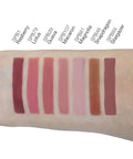 Lipstick swatches on a arm with color names above
