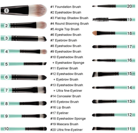 Set of 20 makeup brushes with names and numbers on a white background