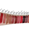 Lipstick swatches on a arm with color names below