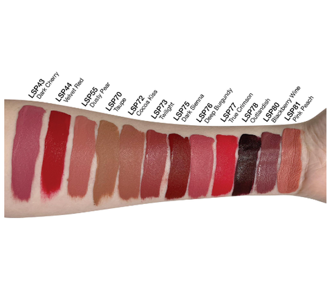 Lipstick swatches on a arm with color names below