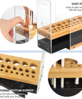 Wooden brush holder with multiple compartments and additional bottom support feature, shown with close-up details.
