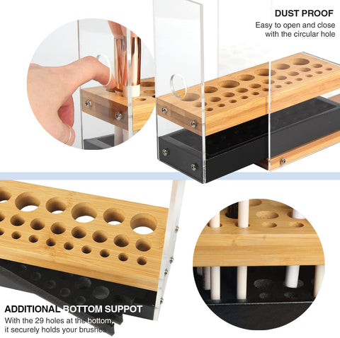Wooden brush holder with multiple compartments and additional bottom support feature, shown with close-up details.