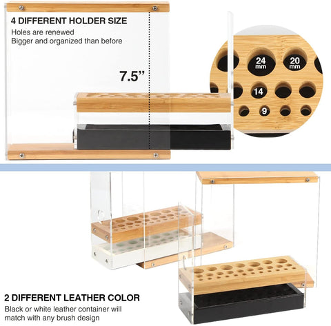 Wooden holder with different size holes and leather options, showing product details.