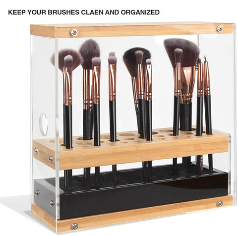 Makeup brush holder with brushes on a white background