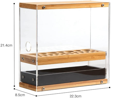 Glass display case with wooden shelves and dimensions on a white background