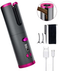 Hair straightener with digital display, attachments, and charging cable on a white background