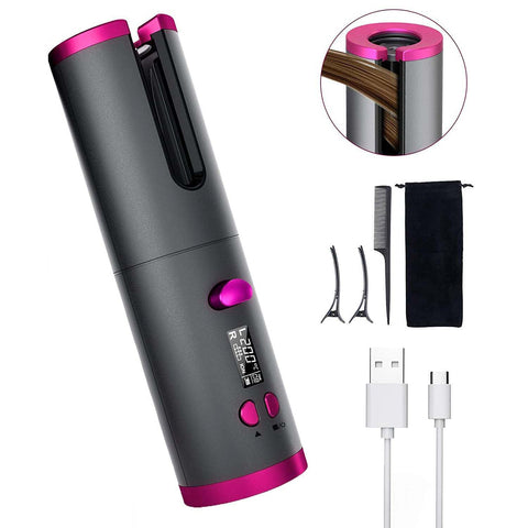 Hair straightener with digital display, attachments, and charging cable on a white background