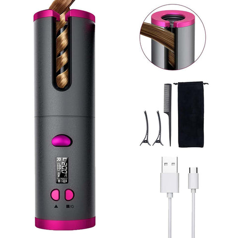 Hair styling tool with digital display, hair clips, and USB cable on a white background