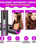 Hair curling tool with before and after images of styled hair, highlighting features like LCD display and ceramic barrel.